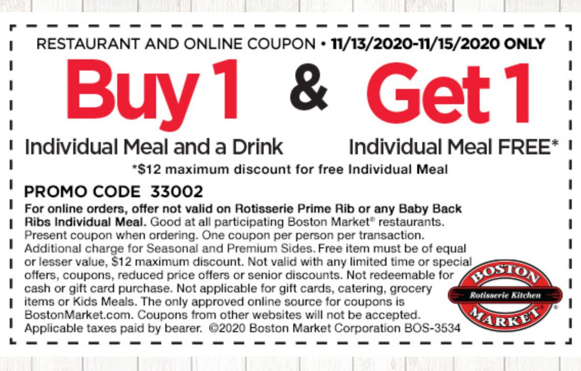 Rotisserie Rewards Members at Boston Market Check Your Inbox for an Exclusive Individualized Meal BOGO Coupon Rotisserie Rewards Members at Boston Market Check Your Inbox for an Exclusive Individualized Meal BOGO Coupon