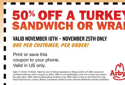 Enter Sweepstakes to Win an Arby's Deep Fried Turkey Pillow and Immediately Get a 50% Off Coupon for an Arby's Turkey Sandwich or Wrap