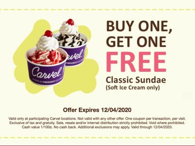Sign Up for Carvel's Fudge Fanatics Online and Receive a BOGO Classic Soft Ice Cream Sundae Coupon