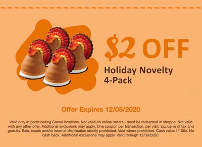 Members of Carvel's Fudge Fanatics Check Your Inbox for a $2 Off Holiday Novelty 4-Pack Coupon