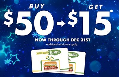 Buy a $50 Blimpie Gift Card and Receive a $15 Blimpie Bonus E-Card for Free Through to December 31