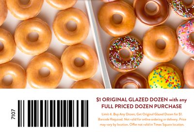 November 25 Only: Get a $1 Original Glazed Dozen with any Purchase of a Full Priced Dozen Donuts at Krispy Kreme