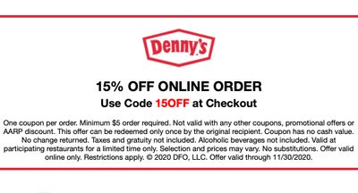 Cyber Monday Only: Get 15% Off Your $5+ Online Orders at Denny's November 30