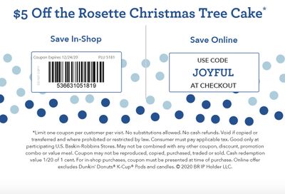 BR Email Members, Check Your Inbox for a Baskin-Robbins Coupon Offering $5 Off a Rosette Christmas Tree Cake