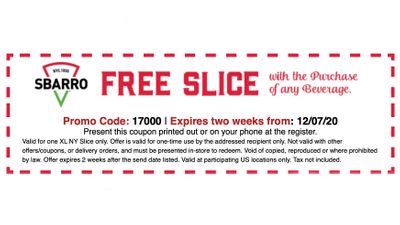 Join the Online Slice Society at Sbarro Pizza and Get a Coupon for a Free XL NY Slice with Beverage Purchase