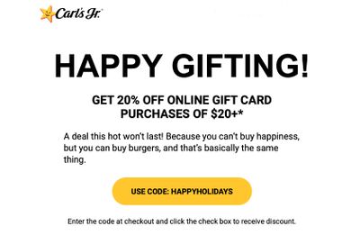 Save 20% with Online Gift Card Purchases of $20 or More at Carl's Jr. with Promo Code