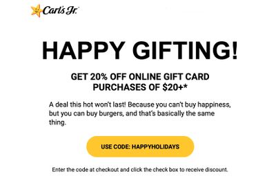 Save 20% with Online Gift Card Purchases of $20 or More at Carl's Jr. with Promo Code