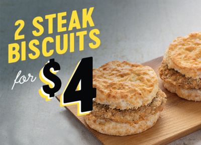 For a Limited Time Only Get 2 Steak Biscuits for $4 at Bojangles 