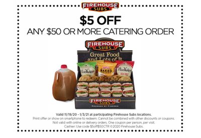 Get $5 Off Your $50+ Catering Order with New Coupon at Firehouse Subs