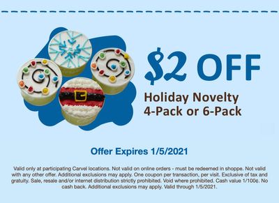 Members of Carvel's Fudge Fanatics Check Your Inbox for a $2 Off Holiday Novelty 4-Pack or 6-Pack Jolly Cups Coupon