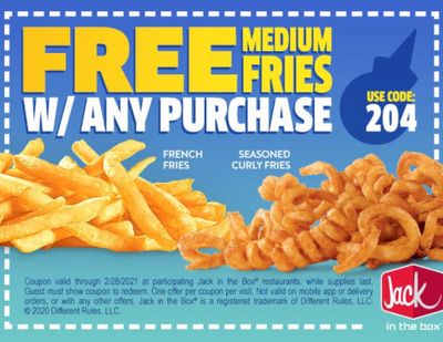 Get a Coupon for Free Fries When You do a Text or Email Sign Up Online with Jack In The Box