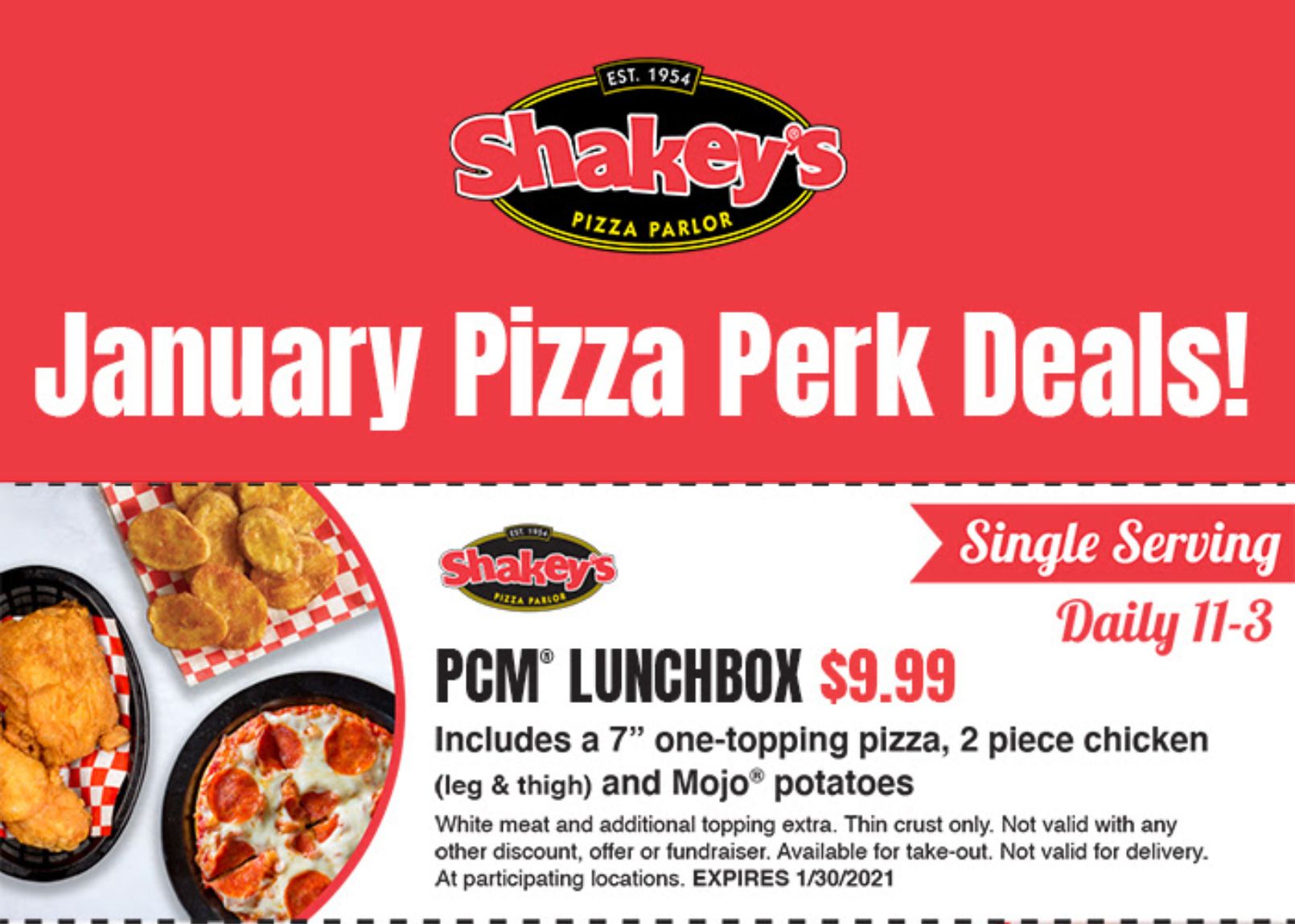 Get a PCM Lunchbox for $9.99 Between 11 and 3 pm at Shakey's Pizza Through to January 30 with a New Coupon