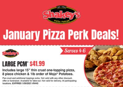 Receive a Large PCM Meal to Feed a Family of 4 to 6 for $41.99 with a New Shakey's Pizza Coupon