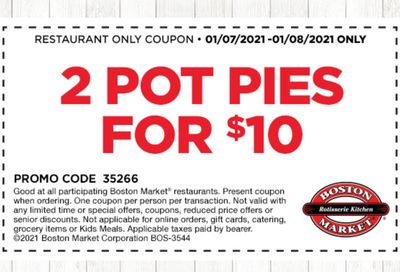 Two Days Only: Rotisserie Rewards Members Check Your Inbox for a Boston Market 2 Pot Pies for $10 Coupon 