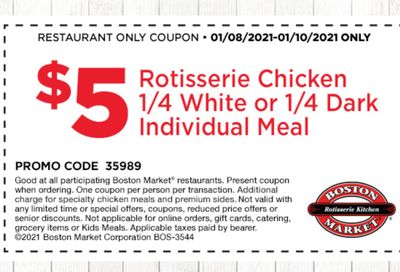 Boston Market's Rotisserie Rewards Members: Check Your Inbox for a $5 Rotisserie Chicken Meal Coupon 