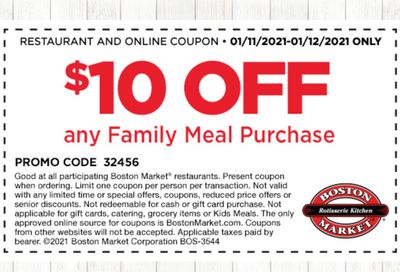 Two Days Only: Rotisserie Rewards Members Check Your Inbox for a $10 Off Coupon with Family Meal Purchase at Boston Market