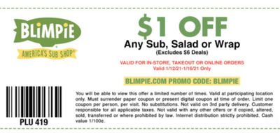 Four Days Only: Blimpie Rewards Members Check Your Inbox for a New $1 Off Coupon and Promo Code