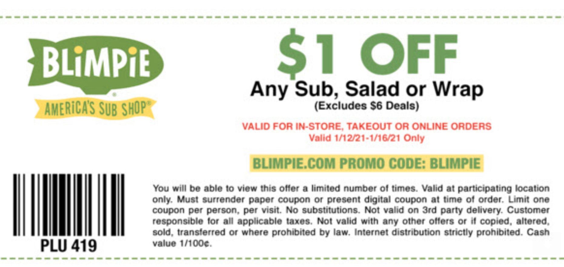 Four Days Only: Blimpie Rewards Members Check Your Inbox for a New $1 Off Coupon and Promo Code Four Days Only: Blimpie Rewards Members Check Your Inbox for a New $1 Off Coupon and Promo Code