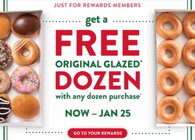 Krispy Kreme Rewards Members Will Receive a Free Original Glazed Dozen With Any Dozen Purchase For a Limited Time  