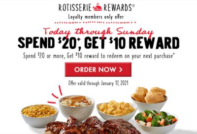 January 15, 16 and 17 Only: Boston Market Offers Rotisserie Rewards Members a $10 Reward With a $20+ Purchase