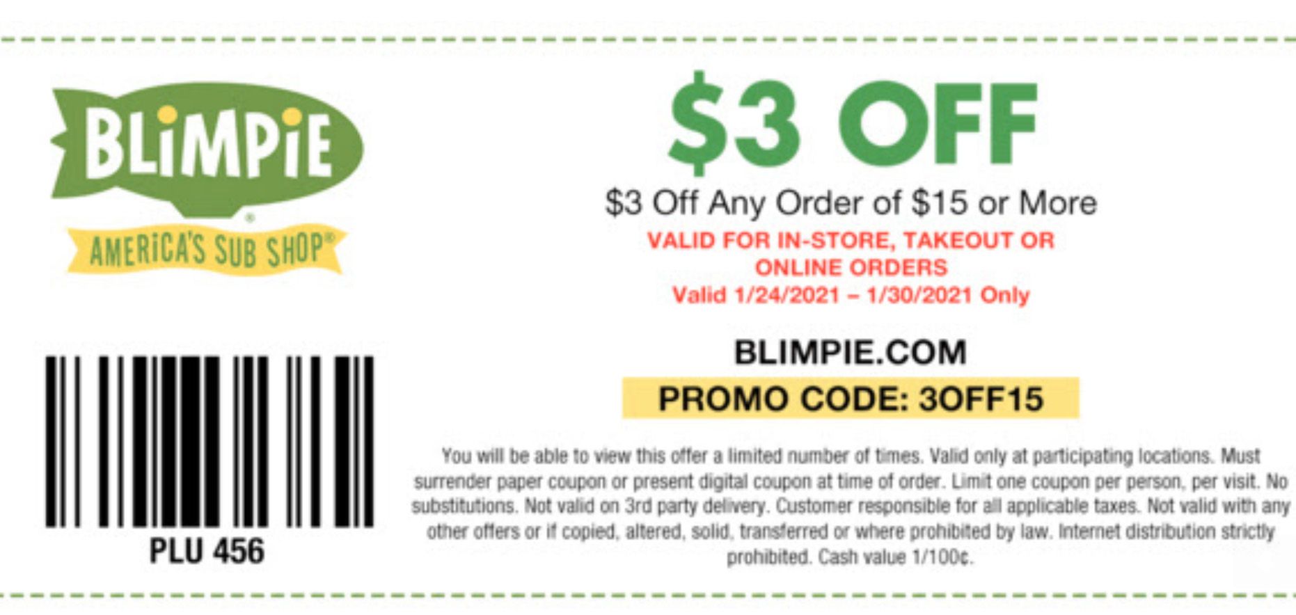 Blimpie's EClub Members Check Your Inbox for a $3 Off Coupon & Promo Code Valid Through to January 30 Blimpie's EClub Members Check Your Inbox for a $3 Off Coupon & Promo Code Valid Through to January 30