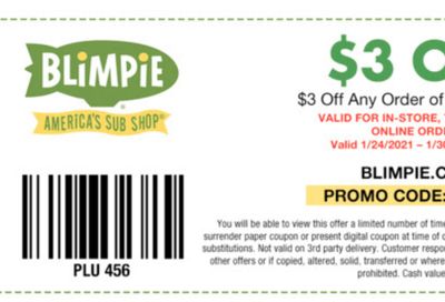 Blimpie's EClub Members Check Your Inbox for a $3 Off Coupon & Promo Code Valid Through to January 30