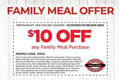 January 27 and 28 Only: Boston Market Offers Rotisserie Rewards Members $10 Off a Family Meal Purchase