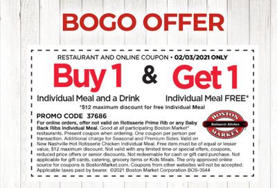 February 3 Only: Rotisserie Rewards Members Have Just Received a New Boston Market BOGO Individual Meal Coupon