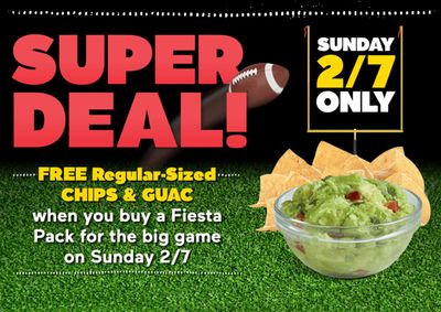 February 7 Only: Buy a Fiesta Pack and Receive a Free Regular Order of Chips & Guac at Del Taco
