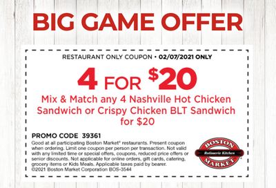 Get 4 Nashville Hot or Crispy Chicken BLT Sandwiches for $20 In-Restaurant at Boston Market on February 7