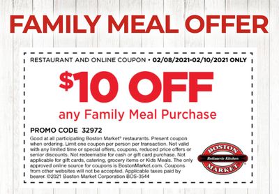 February 8, 9 and 10 Only: Boston Market Offers Rotisserie Rewards Members $10 Off Any Family Meal Purchase