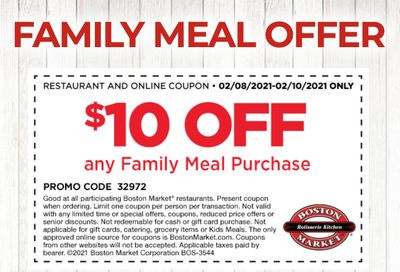 February 8, 9 and 10 Only: Boston Market Offers Rotisserie Rewards Members $10 Off Any Family Meal Purchase