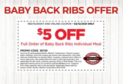 February 12 Only: Rotisserie Rewards Members Check Your Inbox for $5 Off a Full Order of Baby Back Ribs at Boston Market
