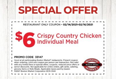 Rotisserie Rewards Members Can Get a $6 Crispy Country Chicken Individual Meal from February 14 to 16 at Boston Market 