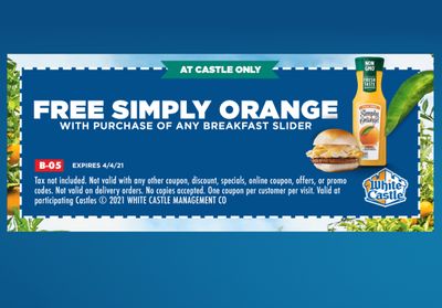 Buy a Breakfast Slider In-Restaurant and Get a Free Simply Orange with a New White Castle Coupon Through to April 4