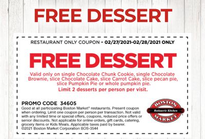 February 27 and 28 Only: Get Free Desserts this Weekend at Boston Market