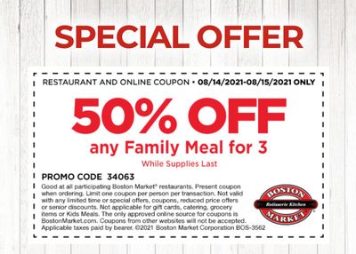 August 15 Only: Rotisserie Rewards Members Check Your Inbox for a Special 50% Off Your Family Meal for 3 Coupon at Boston Market