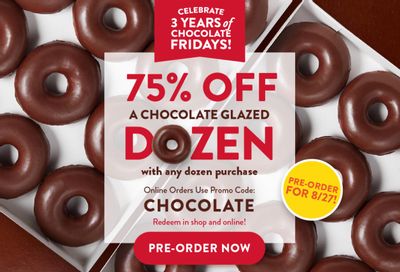 On August 27 Receive 75% Off Krispy Kreme’s Chocolate Dozen When You Buy 1 Dozen at Full Price