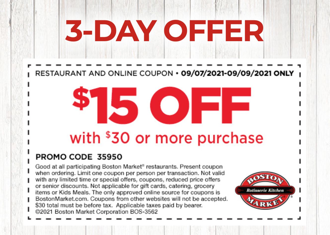 Rotisserie Rewards Members: Save $15 Off a $30+ Purchase with a New Boston Market Coupon Rotisserie Rewards Members: Save $15 Off a $30+ Purchase with a New Boston Market Coupon