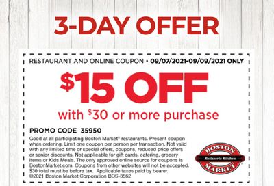 Rotisserie Rewards Members: Save $15 Off a $30+ Purchase with a New Boston Market Coupon
