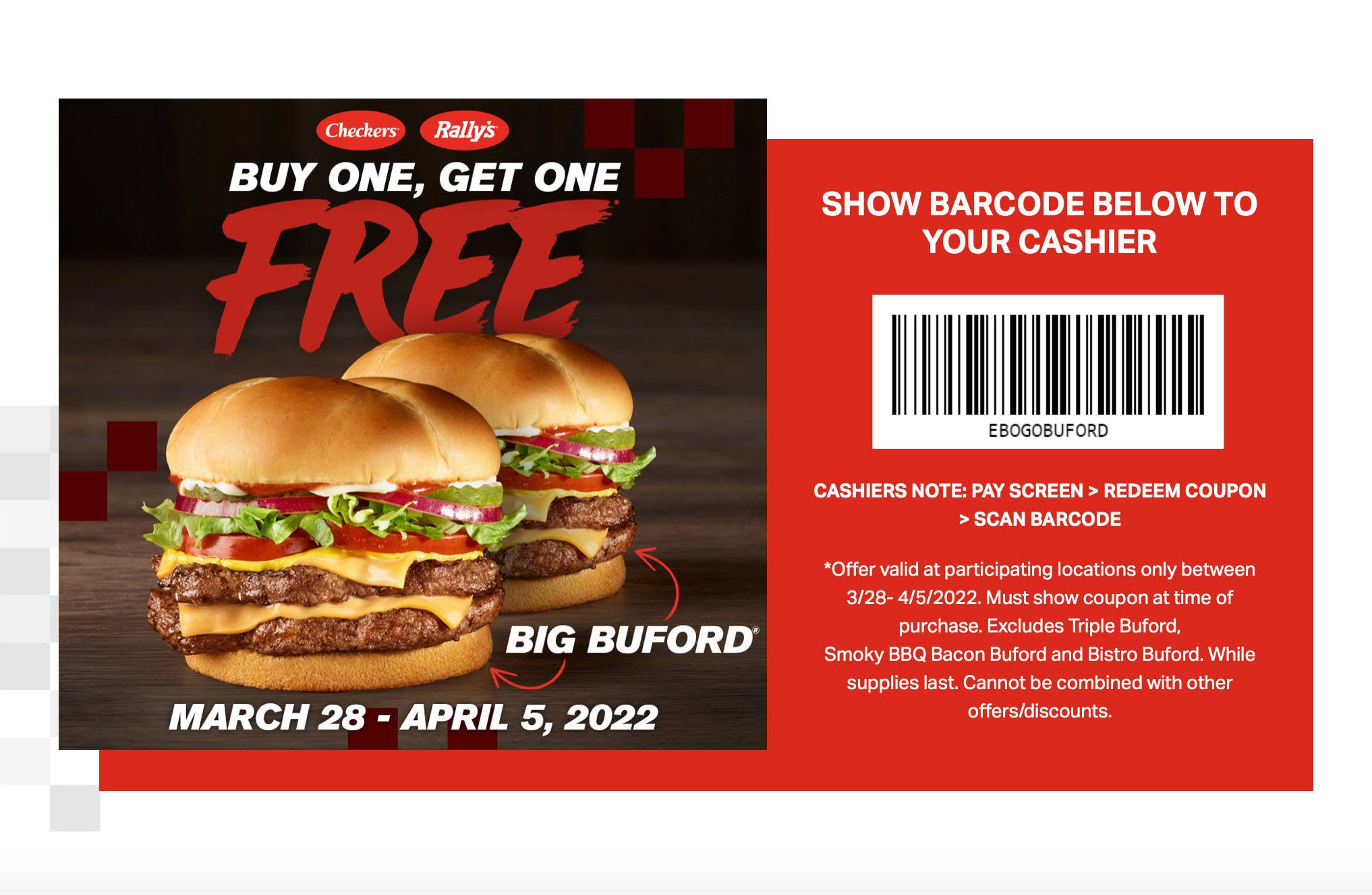Rewards Members Can Score a BOGO Offer on Big Bufords at Checkers and Rally’s for a Short Time Only Rewards Members Can Score a BOGO Offer on Big Bufords at Checkers and Rally’s for a Short Time Only