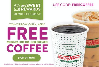 Rewards Members Can Claim a Free Medium Hot or Ice Brewed Coffee In-shop on June 13 at Krispy Kreme 